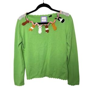 Smitten by Michael Simon Sweater Women's M Green Embroidered Bunny easter spring
